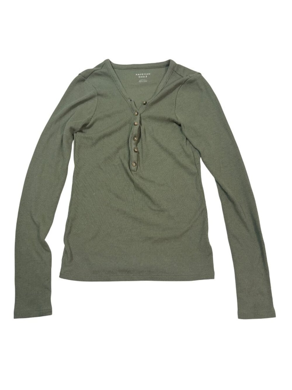 American Eagle Womens Olive Green Waffle Knit Long Sleeve Henley Top Size S